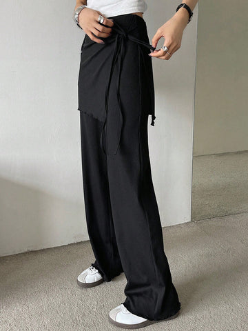 DAZY Women's Casual Solid Color Contrast Side Tied Long Pants