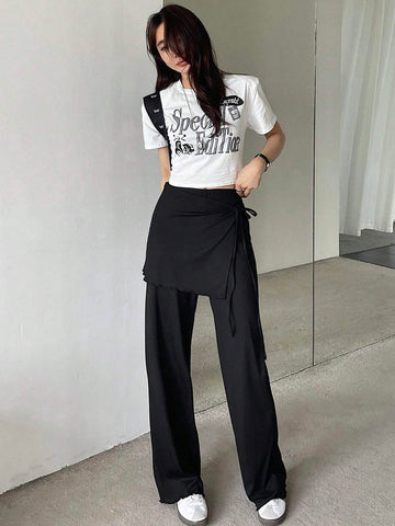 DAZY Women's Casual Solid Color Contrast Side Tied Long Pants