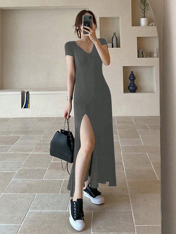 DAZY Women's Casual Solid Color Long Hooded Sleeveless Dress With High Slit, Summer