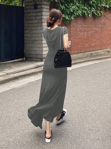 DAZY Women's Casual Solid Color Long Hooded Sleeveless Dress With High Slit, Summer