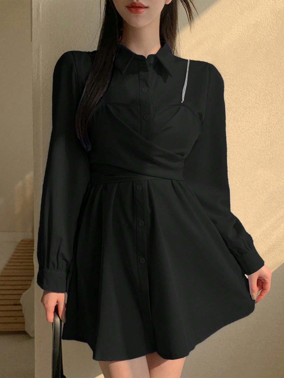 DAZY Women's Casual Solid Color Puff Sleeve Mini Dress, For Spring And Autumn