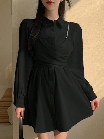 DAZY Women's Casual Solid Color Puff Sleeve Mini Dress, For Spring And Autumn