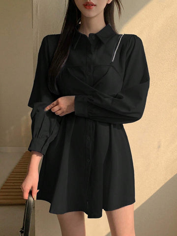 DAZY Women's Casual Solid Color Puff Sleeve Mini Dress, For Spring And Autumn