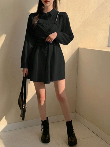 DAZY Women's Casual Solid Color Puff Sleeve Mini Dress, For Spring And Autumn