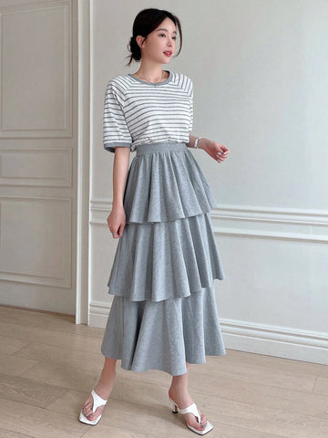 DAZY Women's Casual Striped Patchwork Multi-Layer Hem Dress, Summer