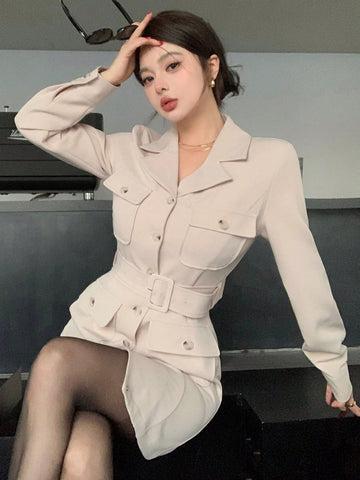 DAZY Women's Casual Urban Style Cinched Waist Cargo Pocket Mini Dress