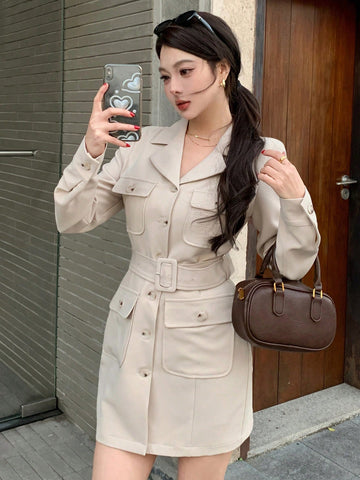DAZY Women's Casual Urban Style Cinched Waist Cargo Pocket Mini Dress