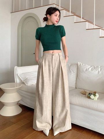 DAZY Women's Casual Wide Leg Pleated Straight Trousers