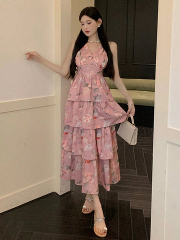 DAZY Women's Chiffon Floral Allover Print Short Sleeve Dress