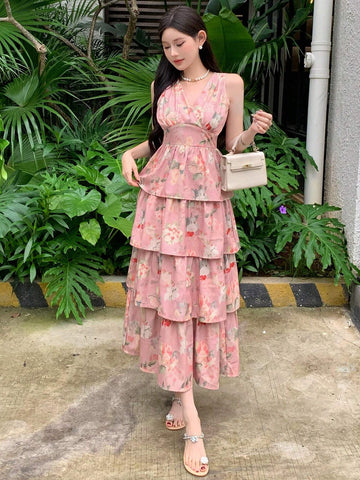 DAZY Women's Chiffon Floral Allover Print Short Sleeve Dress