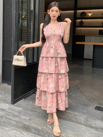 DAZY Women's Chiffon Floral Allover Print Short Sleeve Dress