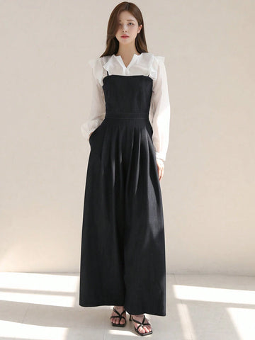 DAZY Women's Color Block Long Sleeve Jumpsuit With Notched Collar Neckline