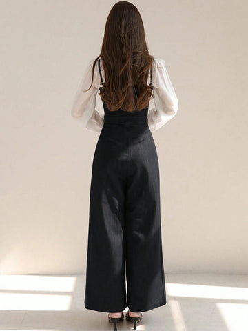 DAZY Women's Color Block Long Sleeve Jumpsuit With Notched Collar Neckline