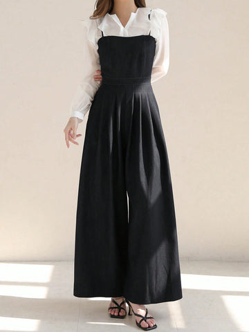 DAZY Women's Color Block Long Sleeve Jumpsuit With Notched Collar Neckline