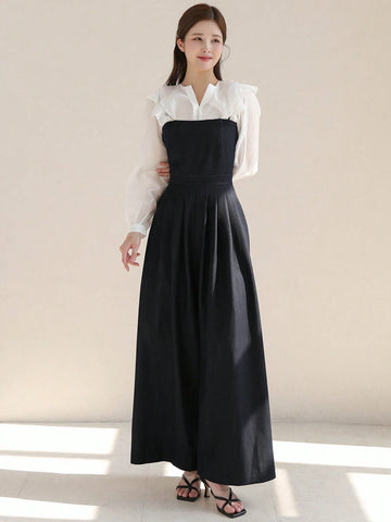 DAZY Women's Color Block Long Sleeve Jumpsuit With Notched Collar Neckline