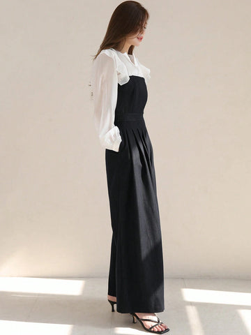 DAZY Women's Color Block Long Sleeve Jumpsuit With Notched Collar Neckline