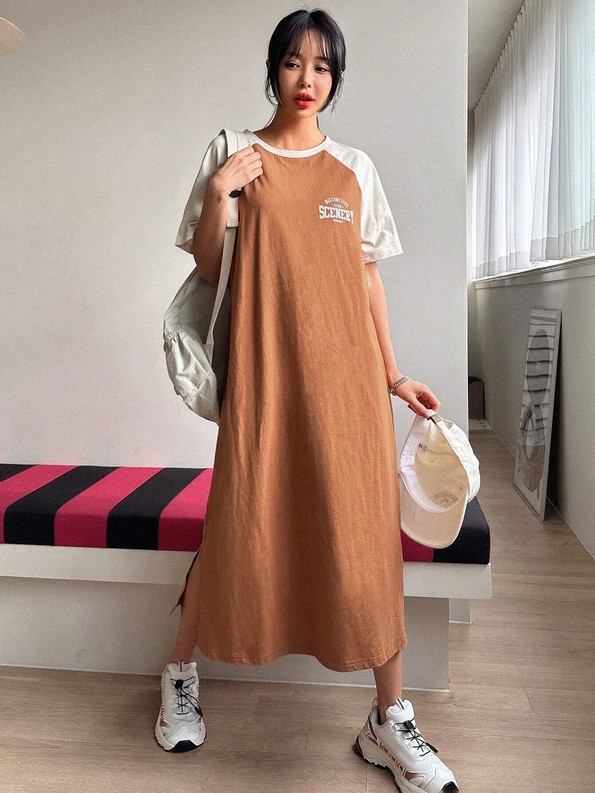 DAZY Women's Color Block Patchwork Off-Shoulder Sleeve Letter Printed Side Split Maxi Dress