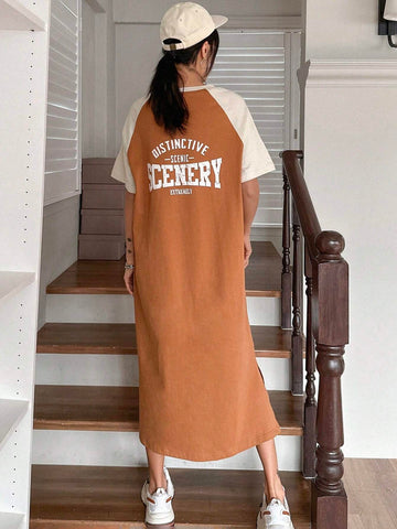 DAZY Women's Color Block Patchwork Off-Shoulder Sleeve Letter Printed Side Split Maxi Dress