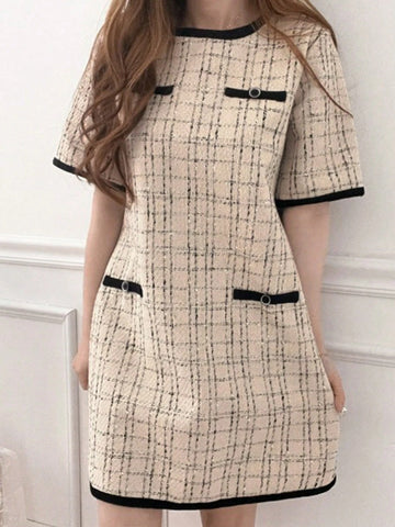 DAZY Women's Color Block Plaid Round Neck Short Sleeve Elegant Mini Dress