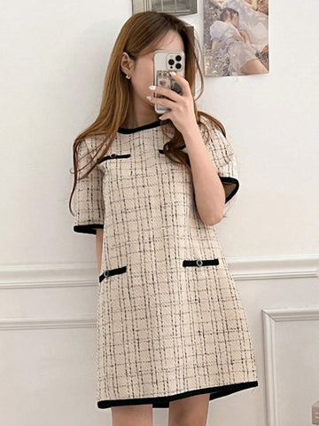 DAZY Women's Color Block Plaid Round Neck Short Sleeve Elegant Mini Dress