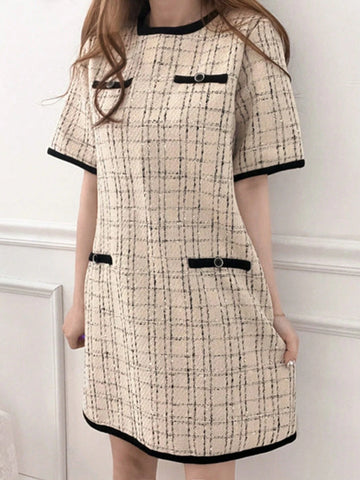 DAZY Women's Color Block Plaid Round Neck Short Sleeve Elegant Mini Dress