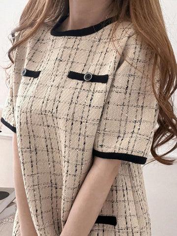 DAZY Women's Color Block Plaid Round Neck Short Sleeve Elegant Mini Dress