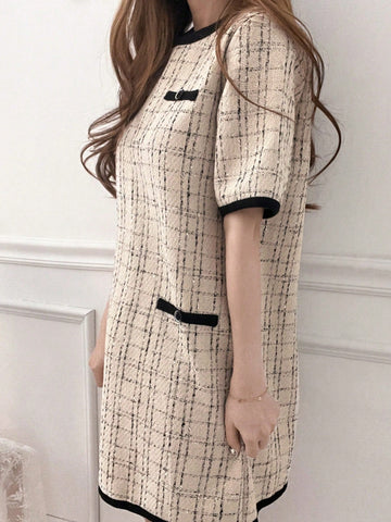 DAZY Women's Color Block Plaid Round Neck Short Sleeve Elegant Mini Dress