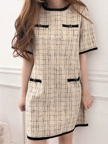DAZY Women's Color Block Plaid Round Neck Short Sleeve Elegant Mini Dress