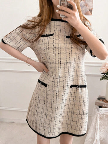 DAZY Women's Color Block Plaid Round Neck Short Sleeve Elegant Mini Dress