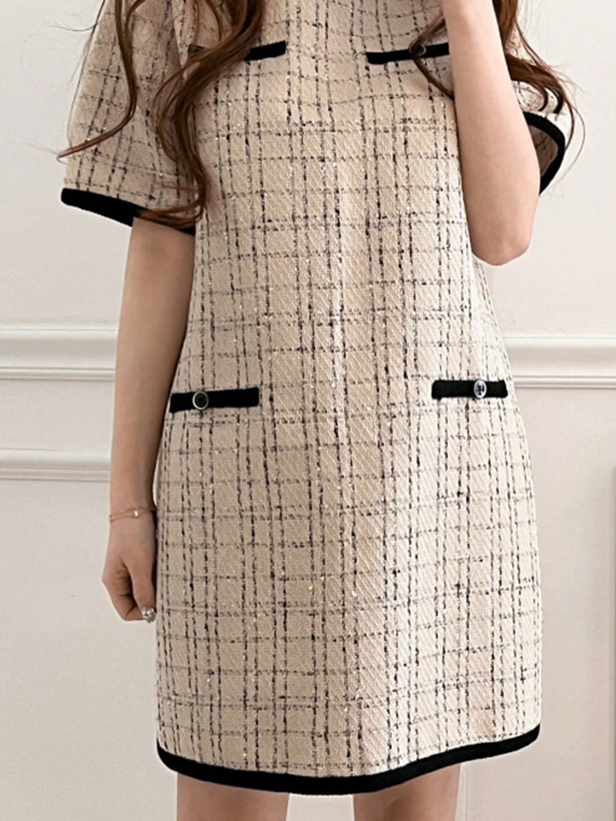 DAZY Women's Color Block Plaid Round Neck Short Sleeve Elegant Mini Dress