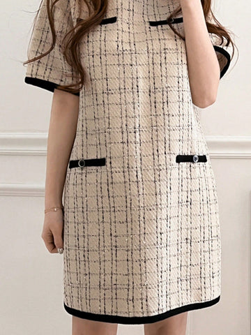 DAZY Women's Color Block Plaid Round Neck Short Sleeve Elegant Mini Dress