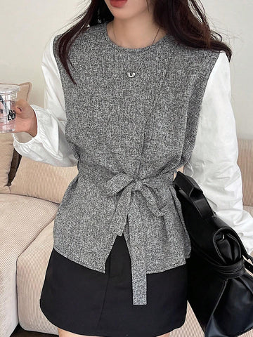 DAZY Women's Color Block Round Neck Belted Shirt