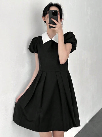 DAZY Women's Color Collision Collar & Pleated Waist Belted Dress