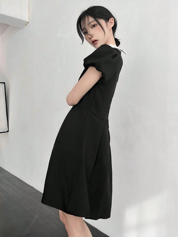 DAZY Women's Color Collision Collar & Pleated Waist Belted Dress