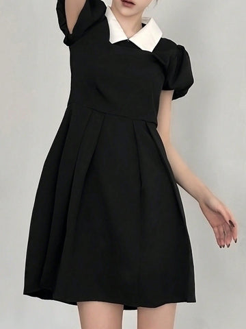 DAZY Women's Color Collision Collar & Pleated Waist Belted Dress