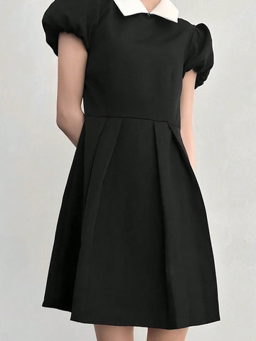 DAZY Women's Color Collision Collar & Pleated Waist Belted Dress