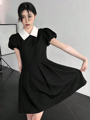 DAZY Women's Color Collision Collar & Pleated Waist Belted Dress