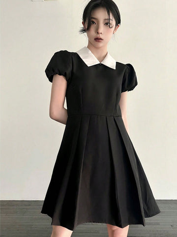DAZY Women's Color Collision Collar & Pleated Waist Belted Dress