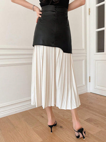 DAZY Women's Colorblock Pleated Skirt With Ruffles Hem