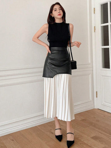 DAZY Women's Colorblock Pleated Skirt With Ruffles Hem