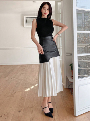 DAZY Women's Colorblock Pleated Skirt With Ruffles Hem