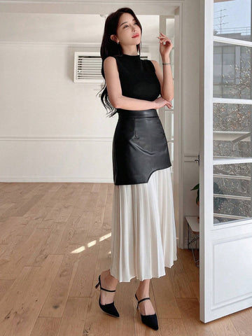 DAZY Women's Colorblock Pleated Skirt With Ruffles Hem