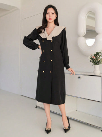DAZY Women's Colorblock Sailor Collar Double-Breasted Lantern Sleeve Dress