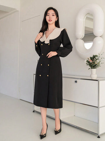DAZY Women's Colorblock Sailor Collar Double-Breasted Lantern Sleeve Dress