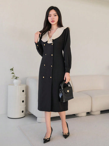 DAZY Women's Colorblock Sailor Collar Double-Breasted Lantern Sleeve Dress