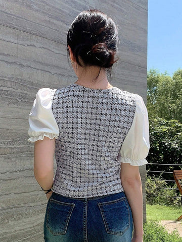 DAZY Women's Contrast Color Block Short Sleeve Front Button Simple Casual Shirt