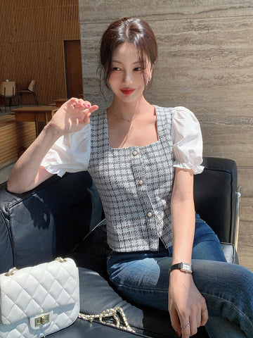 DAZY Women's Contrast Color Block Short Sleeve Front Button Simple Casual Shirt