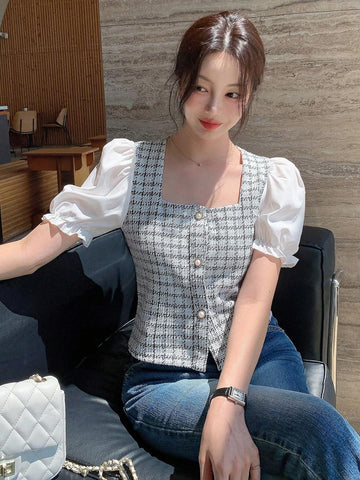 DAZY Women's Contrast Color Block Short Sleeve Front Button Simple Casual Shirt