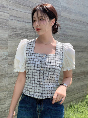 DAZY Women's Contrast Color Block Short Sleeve Front Button Simple Casual Shirt