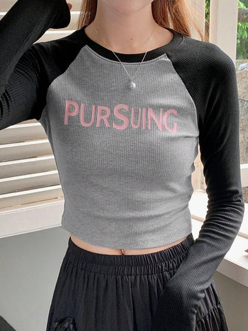 Women's Contrast Color Letter Printed Fleece T-Shirt, Thermal